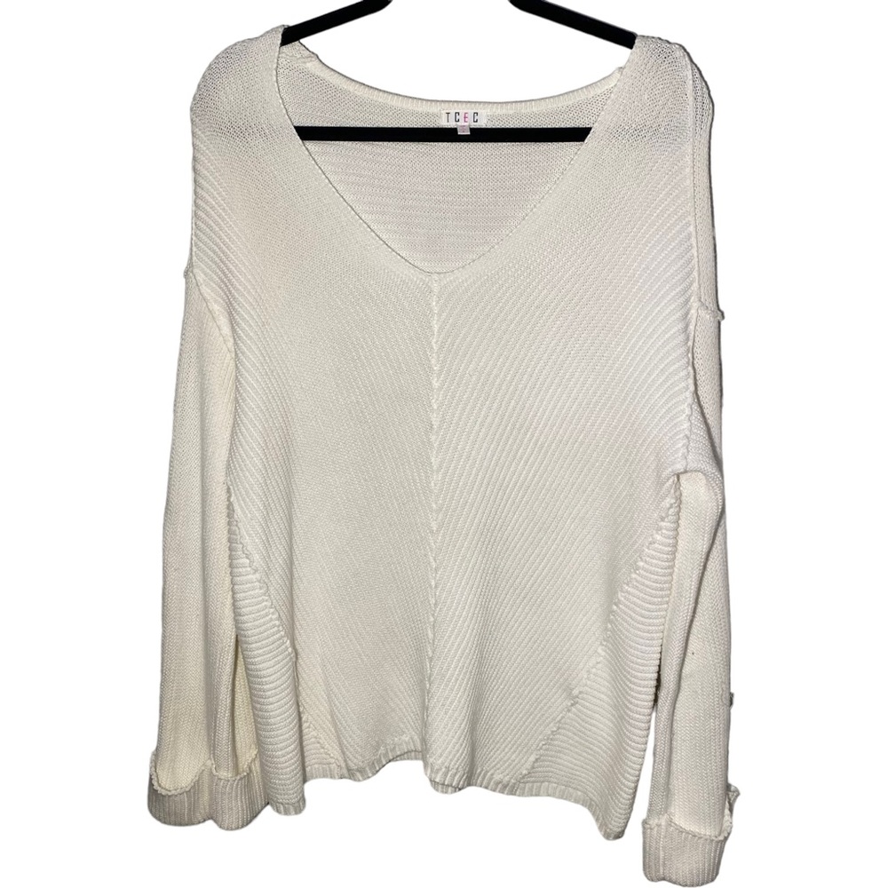 TCEC Women's Small Flare‎ Sleeve Chunky Knit Pullover Sweater V Neck Boho Cream